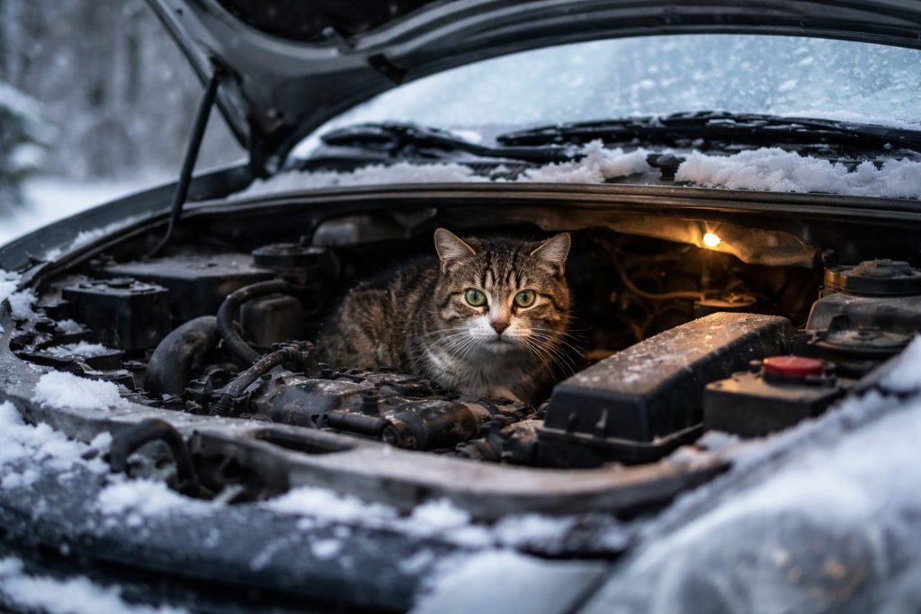 Chat errant se cachant sous le capot d'une voiture en hiver