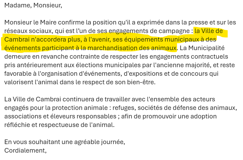 Engagement de la mairie de Cambrai : protection animale