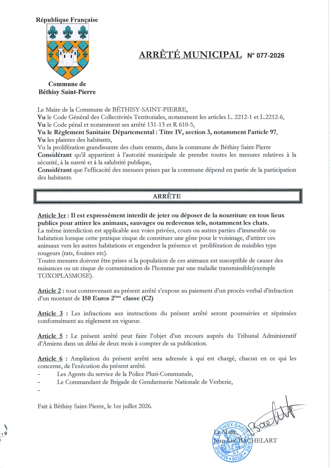 Image de l'arrêté municpal n°077-2026, pris par la commune de Béthisy Saint-Pierre, mentionnant l'interdiction de nourrir "les animaux sauvages, ou redevenus comme tels, notamment les chats."