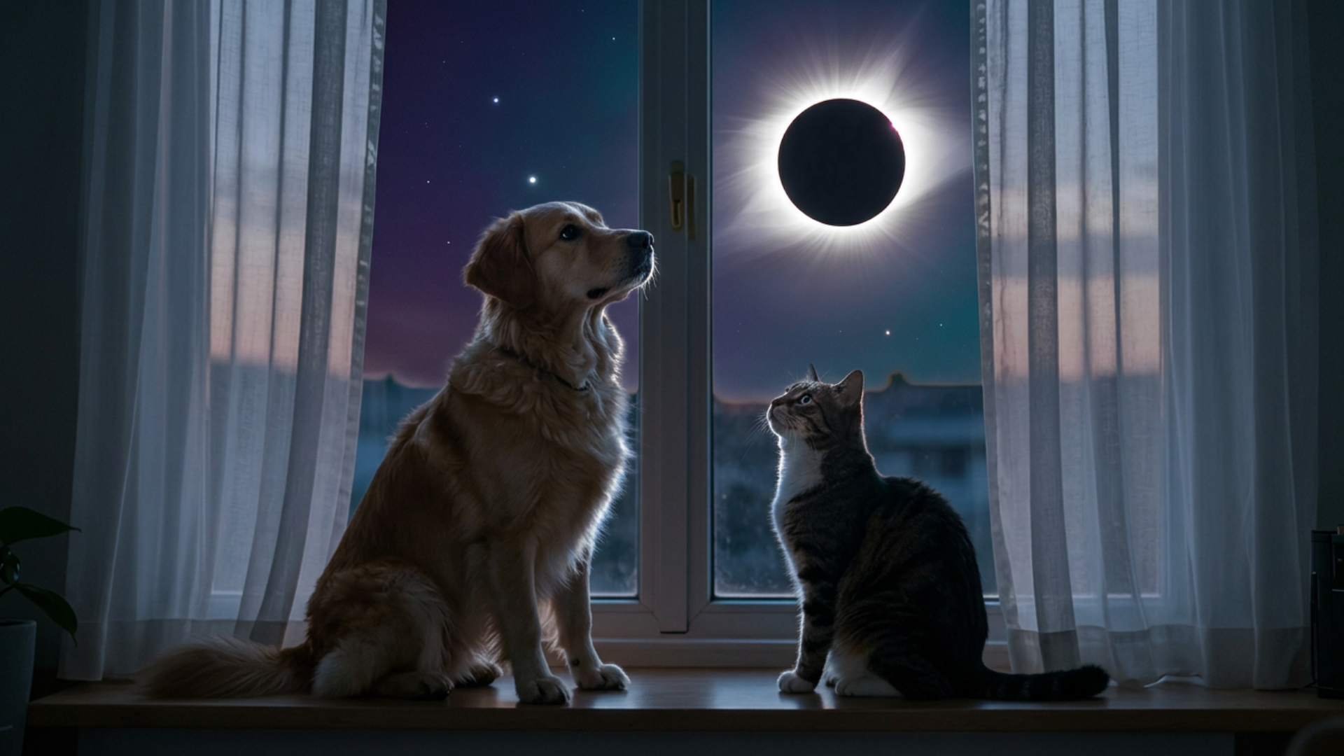 Chien et chat regardant le ciel pendant l'éclipse solaire du 12 août 2026